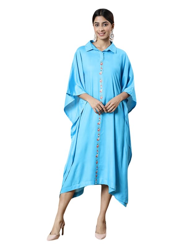 LetsDressUp Black Rayon Shirt Kaftan for Women l Comfort fit Cotton Rayon l Floral Design l Shirt Collar Kaftan Dress l Pl...