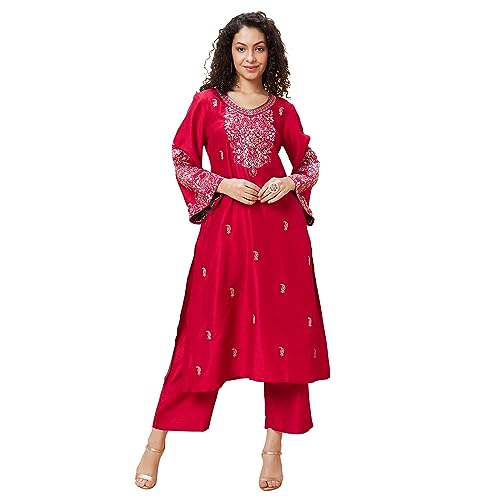 Image of Globus Women Red Embroidered V-Neck Yoke Gota Patti Flared Sleeves Festive A-Line Kurta Set with Trouser-3638464001