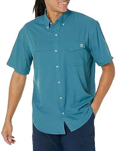 Image of HUK Men's Tide Point Kc Scott Original Artwork Short Sleeve Shirt, Fishing Button Down