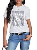 SOLY HUX Women's Contrast Sequin T Shirt Round Neck Short Sleeve Casual Tee Tops Pure White M