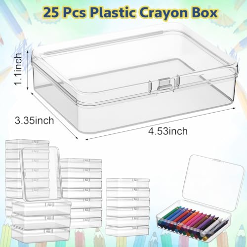 Image of Dunzoom 25 Pcs Plastic Crayon Boxes with Lids, 4.53 x 3.35 x 1.1 Inches Stackable Small Storage Organizer Containers Crayon Pencil Case for Art Crafts Jewelry Beads Office Supplies(Clear)