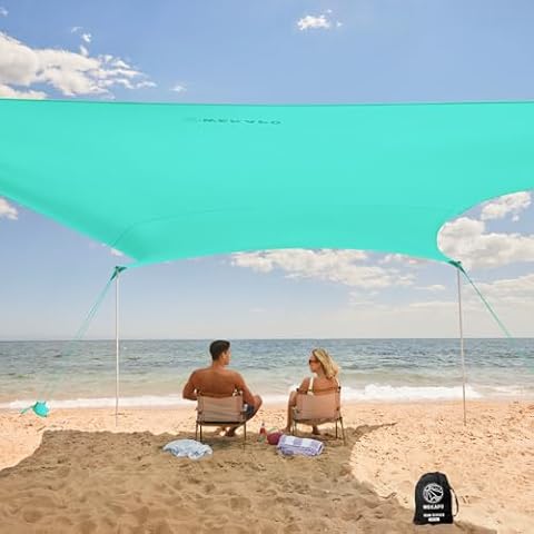 WEKAPO Beach Tent Sun Shelter - Easy Setup Beach Canopy with 4 Sturdy Poles, Large Sandbags and Shovel, 6'7'' Tall, Windproof Beach Sun Shade for Backyard and Camping, UPF 50+ Protection Cover