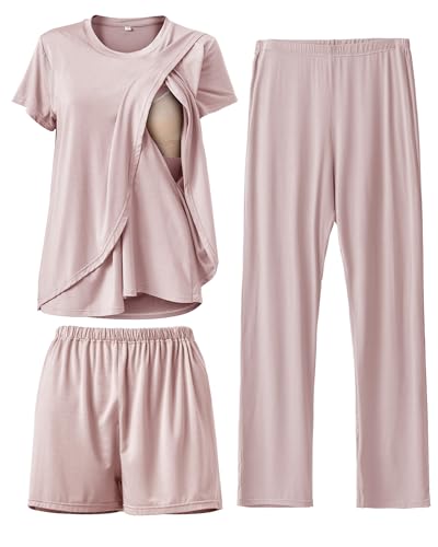 Image of Rnxrbb 3 Piece Postpartum Nursing Pajamas Set Casual Soft Maternity Breastfeeding Pjs Sleepwear Loungewear Clothes Layer