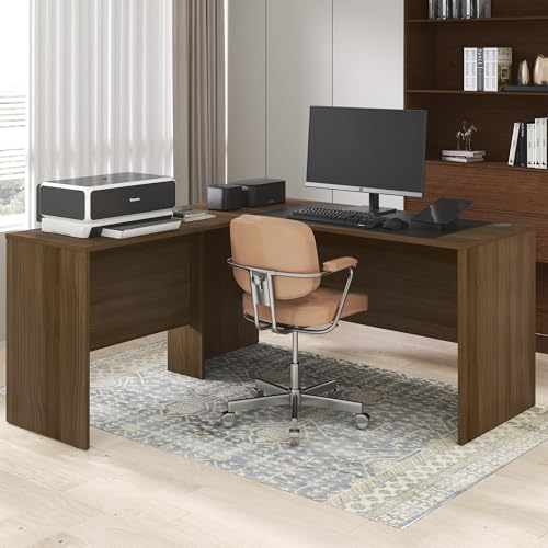 Image of Furinno Roger 60 Inch L-Shaped Office Desk, Executive Desk with Reversible Desk Return, Modesty Panel, Desk Cord Grommet, Scratchproof, for Home Office, Modern Walnut