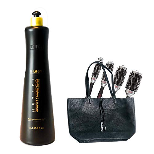 Mutari Professional Reductor Reconstructor Kit - Brazilian Keratin Straightening Treatment - Blowout Smoothing System With Pro Thermal 4 Brush And 1 Leather Bag - 33.8 fl oz