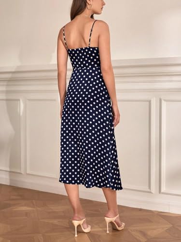 LIGHT DOT Women's Summer Midi Cami Dress Polka Dot Print Sundress Spaghetti Strap Side Zipper Front Split2