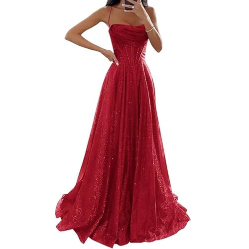 JIAALU Glitzernde Pailletten Tüllkleider A-Linie Ballkleid in Tüll für Hochzeit Elegantes Damen Abendkleid Langer Schlitz & Korsett-Design