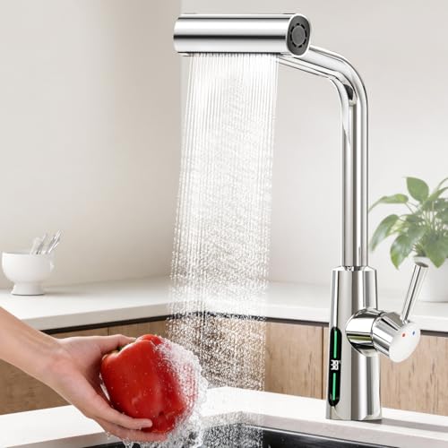 KAIYING Wasserhahn Küche Ausziehbar mit Temperaturanzeige (Batterielos), Hochdruck Wasserfall Küchenarmatur Ausziehbar, 360° Schwenkbar Spültischarmatur Küche mit Vier Sprühmodi (Chrom)