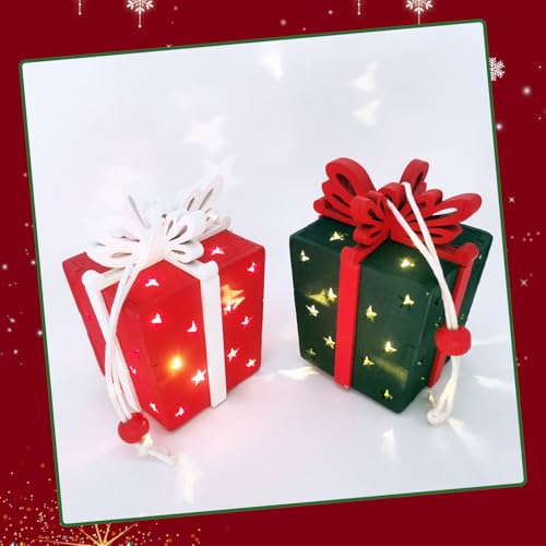 Falafoty Luci di Natale per la decorazione della tavola di Natale 2 pezzi luminosi scatole regalo in legno luci notturne LED lampada festa di Natale lanterna appesa albero di Natale luce