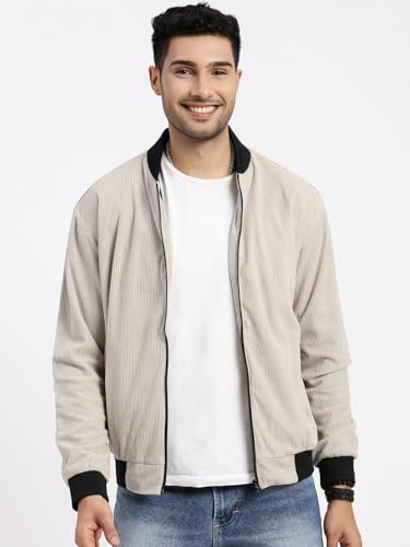 Image of SHOWOFFFF Men Solid Bomber Jacket | Mandarin Collar Full Sleeves Corduroy Jacket for Mens | Slim Fit Regular Length Jacket for Men's