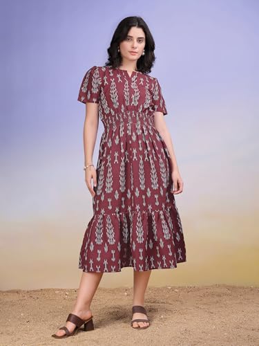 Image of PURVAJA Women's Boat Neck Cotton Dress(Floe-203-L Maroon)
