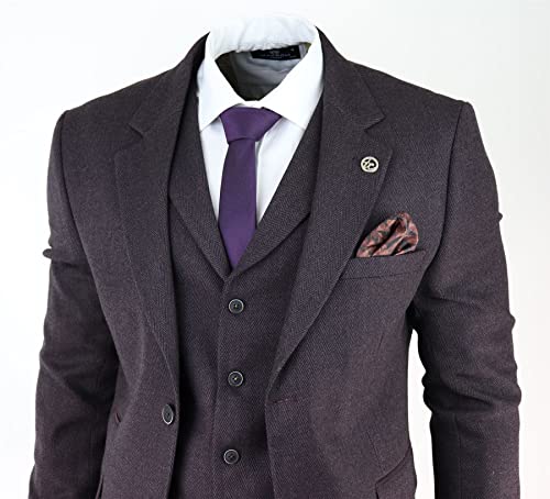 Mens Herringbone Tweed 3 Piece Suit Purple Plum Tailored 1920s Vintage Blinders2