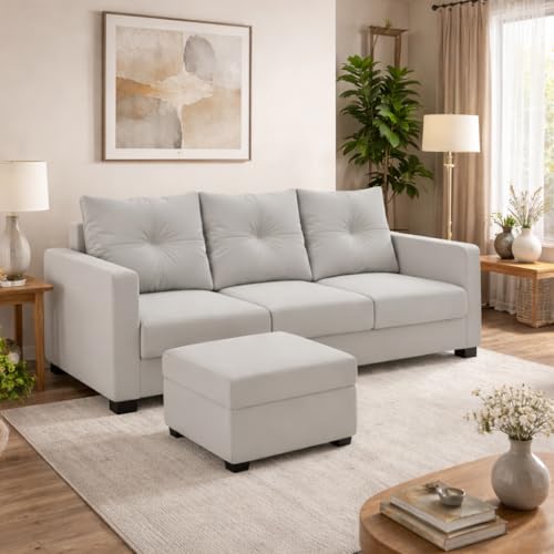 Image of FURNY Amonster 4 Seater L Shape Sofa Set with Movable Ottoman | Flexible Left or Right Layout | Plush Velvet Fabric (Light Grey) | Perfect for Living Room, Guest Room & Office