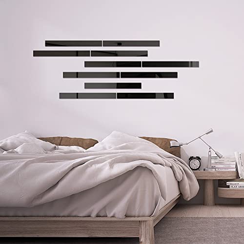 Image of EHKO Glass Mirror Tiles,2''X20'' Mirror Tiles Self Adhesive Stripe Wall Mirror Stickers Removable Long Acrylic Frameless Rectangular Mirror Sheets For Home Living Room Bedroom DIY Decor(10Pcs)(Black)