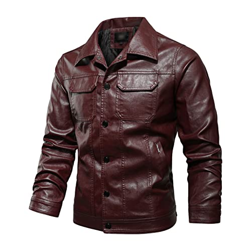 Maiyifu-GJ Men's Button Down Lapel Biker Jacket Winter Warm Faux Leather Motorcycle Jackets Lightweight Casual Pu Bomber Coat (Red Wine,XX-Large)
