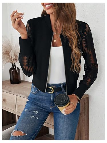 GORGLITTER Women's Bomber Jacket Lace Sheer Mesh Zip Up Long Sleeve Festival Goth Jackets Baseball Jacket3