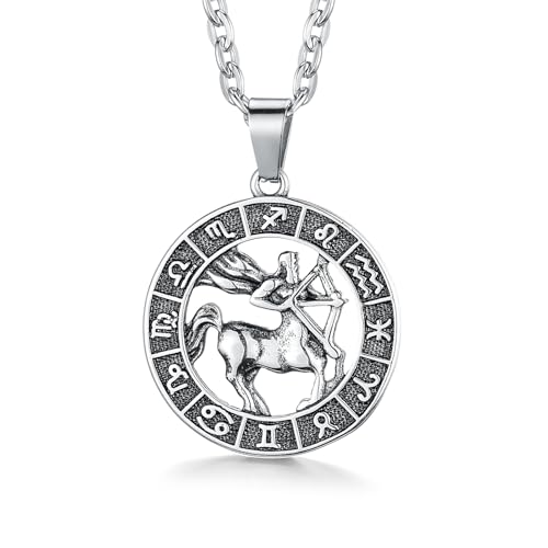 GHIUYUI Zodiac Sign Pendant Necklaces for Women Men Stainless Steels Leo Constellation Horoscope Medallion Retro Celestial Astrology Jewelry (Sagittarius 11.22~12.21 Silver)