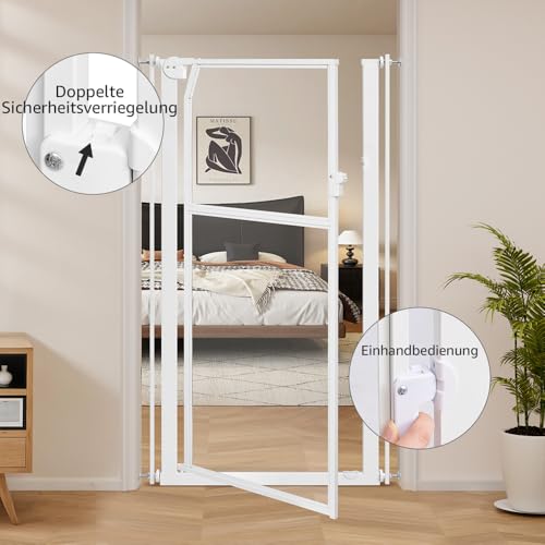 unipaws 142 cm Extra Hoch Katzengitter Tür, Transparente Türgitter Katze, 75–85 cm Breite, Ohne Bohren Druckmontage, Hundegitter Wohnung für Türrahmen, Flur und Treppen (Weiß