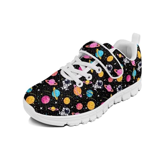 Kids Running Shoes Walking Sports Athletic Tennis Sneakers for Boys Girls Astronaut Planet Space Pattern（White Sole）