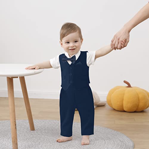 Image of DISAUR Baby Boy Clothes Toddler Boy Outfits 4PCS Gentleman Dress Romper /Vest /Pants /Bow Tie Cotton Suit Sets