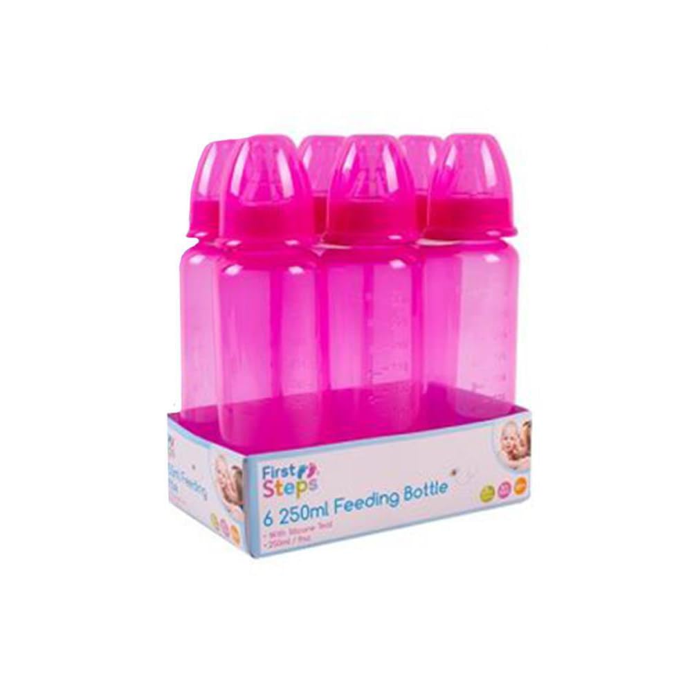 Pack of 6 Pink Baby Feeding Bottles 250ml with Silicone Teat 9oz Measuring Gauge BPA Free