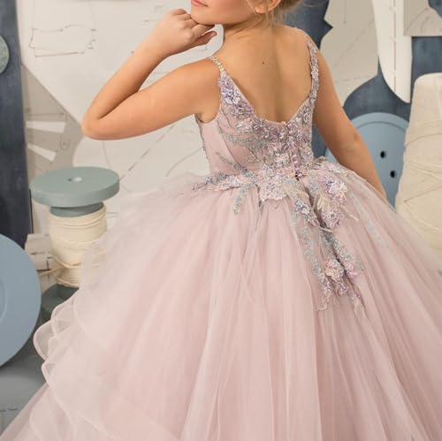 Flower Girl Dress with V-Neck Lace Appliques Princess Pageant Dress in Tulle Tiered Style for Girls' First Communion3