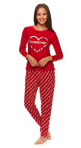 bebe Womens Fleece Cuffed Long Sleeve Shirt and Lounge Pajama Pants Sleep Set Red Large