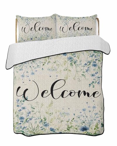 Yaiikkvbaa Quilts Queen Size Bedding Set, Blue Flowers Summer Quilt 3 Pieces Bedding Sets, Watercolor Pastoral Botanical Garden Leaf Reversible Bedspreads Coverlets with 2 Pillow Shams for All Season