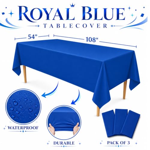 Image of Blue Orchards Royal Blue Plastic Table Cover (Pack of 3 with 20 Glue dots) - 54 inch x 108 inch - Blue Waterproof & Disposable Tablecloth, Navy Blue Decor for Birthday, Party Supplies, Baby Shower, Wedding