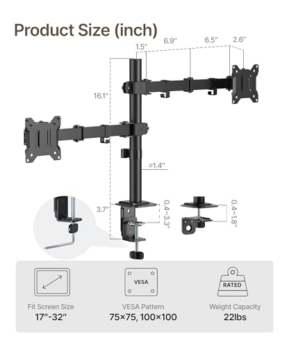 Image of monTEK Dual Monitor Stand for 17 inch-32 inch Computer, Adjustable Height Stable Monitor Mount Fit up to 32 inch Screen, Hold up to 22lbs Weight, C-Clamp and Grommet, VESA 75x75mm /100x100mm