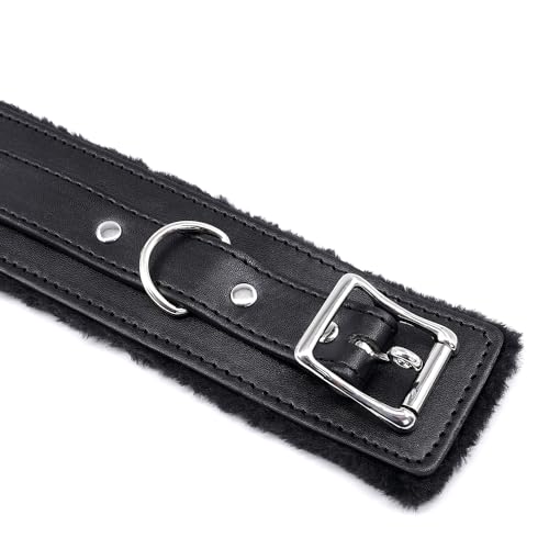 Image of Fur-lined Black Leather Bondage Collar and Leash Set, Leather Bondage Toys Sex Collar with Chain Leash for SM Games