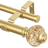 1 Inch Luxury Gold Double Curtain Rods for Windows 66 to 120 Inches(5.5-10ft), USFOOK Adjustable Heavy Duty Drapery Rods, Telescoping Dual Curtain Rod with Translucent Finials, Wall Mounted