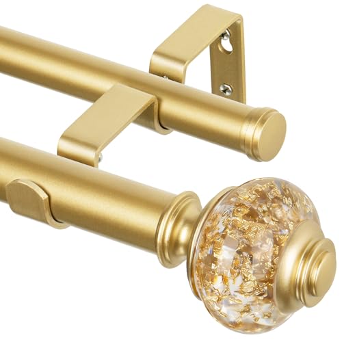 1 Inch Luxury Gold Double Curtain Rods for Windows 66 to 120 Inches(5.5-10ft), USFOOK Adjustable Heavy Duty Drapery Rods, Telescoping Dual Curtain Rod with Translucent Finials, Wall Mounted