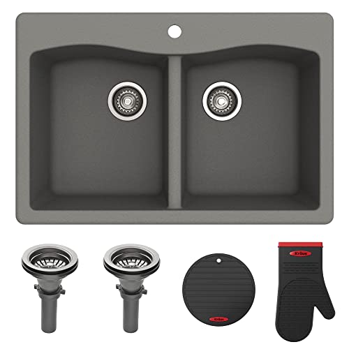 KRAUS-Forteza-33-Dual-Mount-5050-Double-Bowl-Granite-Kitchen-Sink-in-Grey-KGD-52GREY KRAUS Forteza 33 Dual Mount 5050 Double Bowl Granite Kitchen Sink in Grey KGD 52GREY
