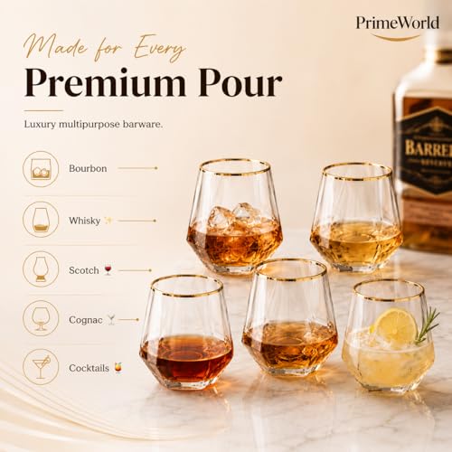 Image of PrimeWorld Gold Rim Diamond European Crystal Whiskey Glasses Set of 6 pcs- 300 ml Bar Glass for Drinking Bourbon, Whisky, Scotch, Cocktails, Cognac- Old Fashioned Cocktail Tumblers