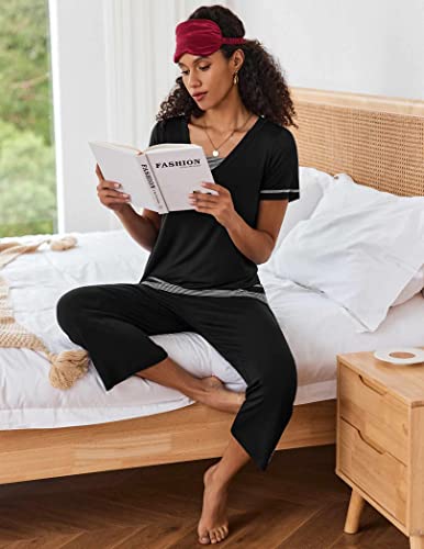 Ekouaer Winter Pajamas For Women Warm Short Sleeve Pjs Sets Sleepwear Soft Two Piece Loungewear Sets Women's Striped Pj Pajama Summer Cozy 2 Piece Sleepwear Set (Black,S) #TOP4