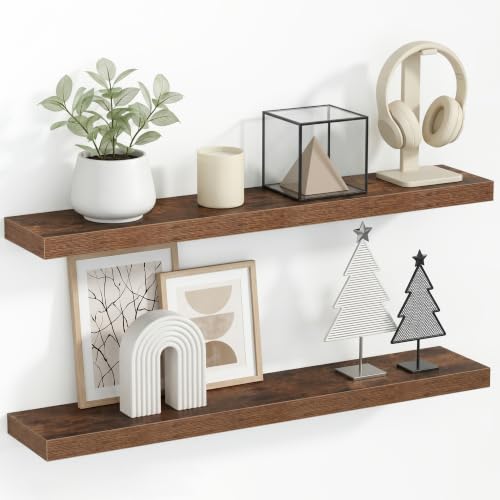 KovaScape 3.8cm Thick Floating Shelves for Wall, 90x16.5cm Wall Mounted Shelf, Wall Storage shelf,No Sag,Easy Install Wood Grain Shelf for Bedroom, Kitchen, Living Room & Hallway,Rustic Brown,2 PCS