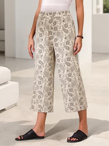 Image of ECUPPER Womens Cotton Cropped Pants Loose Fit Wide Leg Trousers | Casual, Plus Size, Elastic Waist, Capri, 100% Cotton, Slant Pockets, High Rise Waist, Lounge Pants
