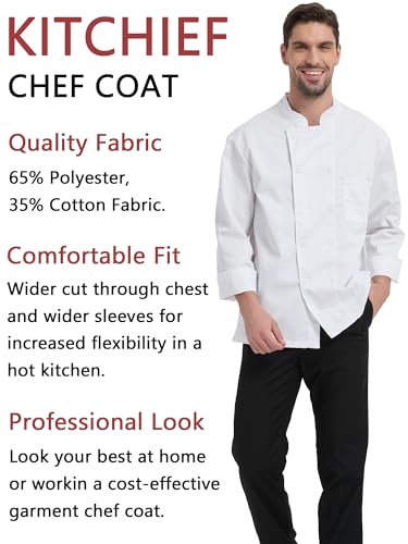 KITCHIEF Chef Jacket Black Chef Coat Long Sleeve Chef Clothes Men,Chef Uniform for Kitchen,Restaurant,Hotel Uniform (White, Medium) - Thumbnail 2