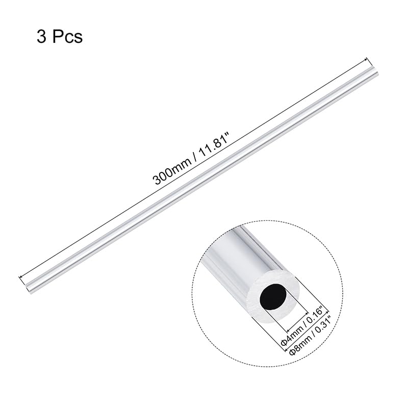 Tubo tondo in alluminio 6063 da 1 pezzo, lunghezza 300 mm, diametro esterno 8 mm, diametro interno 4 mm.