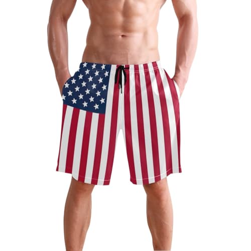 ODAWA USA Flag Surf Shorts for Men, Mesh Lining Vacation Shorts with Pockets S3