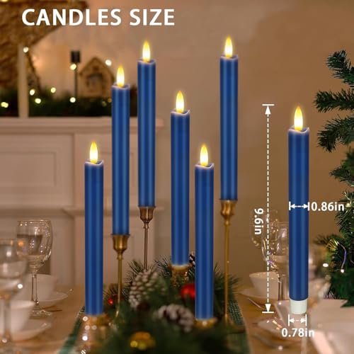Image of KSWING Upgraded Real Wax LED Flameless Navy Blue Taper Candles with Remote, 6 PCS Candlesticks Battery Operated 3D Flickering - 9.6 inch Long Realistic Fake Candle Sticks for Home /Wedding /Xmas Deco