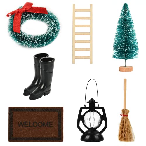 EKKONG Casa de Muñecas de Navidad Decoración, Casa de muñecas en Miniatura, Mini Adorno para Navidad Botas, árbol de Navidad, Corona de Navidad, Escoba, Escalera de Madera, Alfombra, Linterna, 7PCS