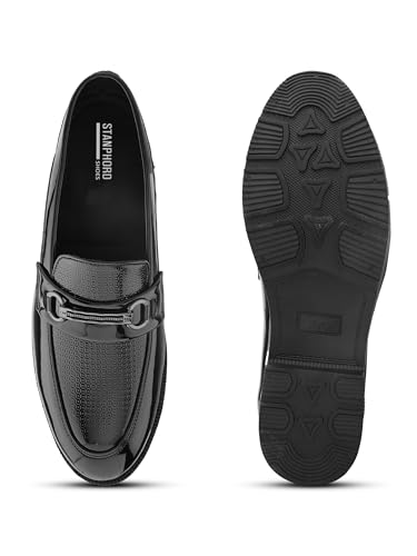 Image of STANPHORD Men Glossy Horsebit Loafer Shoes | Shiny PU Slip-On Moccasins | Cushioned Anti-Slip | Office Formal Party Business Wear(TPSL 25013)