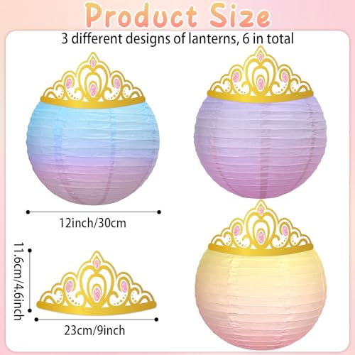 CHUNNIN 6Pcs Princess Hanging Paper Lanterns with Crown Cutouts Classroom Decoration Gradient Pastel Tissue Lantern Lamp for Wedding Birthday Baby Shower Girl Birthday Party School Home Decors