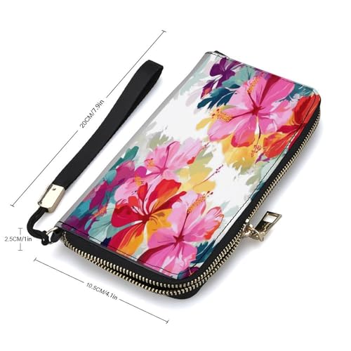 Leather Purse,Hawaiian Flower Print Print Womens Wallet,travel Wallet,wrist Strap Long Purse,leather Zip Around Wallet2