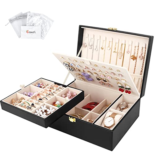 Jewellery Box Organiser for Necklaces Earrings Bracelets Rings Watches, 2 layer Large PU Leather Travel Jewelry Storage Case with Removable Tray and Large Stud Plate, Black