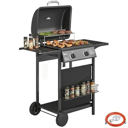 Foto di Outsunny Barbecue a Gas con 2 Bruciatori da 5KW, BBQ a Gas Propano Portatile con Griglia, Ripiani Laterali e Inferiore, Vaschetta per Grasso, Cesto, Termometro, Manico Acciaio Inox, Ruote per Giardino