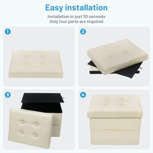 Image of Bsketa Storage Ottoman Bench,16 Inch Folding Leather Foot Rest Stool, Beige | Small Ottoman with Side Pockets, Thicker Foam Padded Seat, Livingroom, Dorm, Bedroom, Easy to install, 38L, 16x12x12in