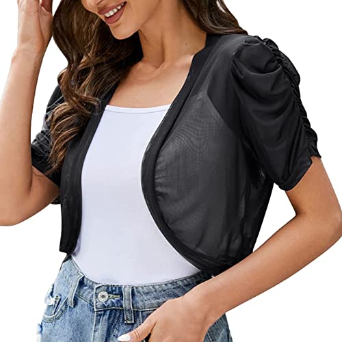 Bauzuoyo Chaqueta bolero para mujer, festiva, elegante, corta, de tul, con frente abierto, manga corta, informal, monocolor, chaqueta de novia, manga abultada, chaqueta de hombro, ligera, transparente